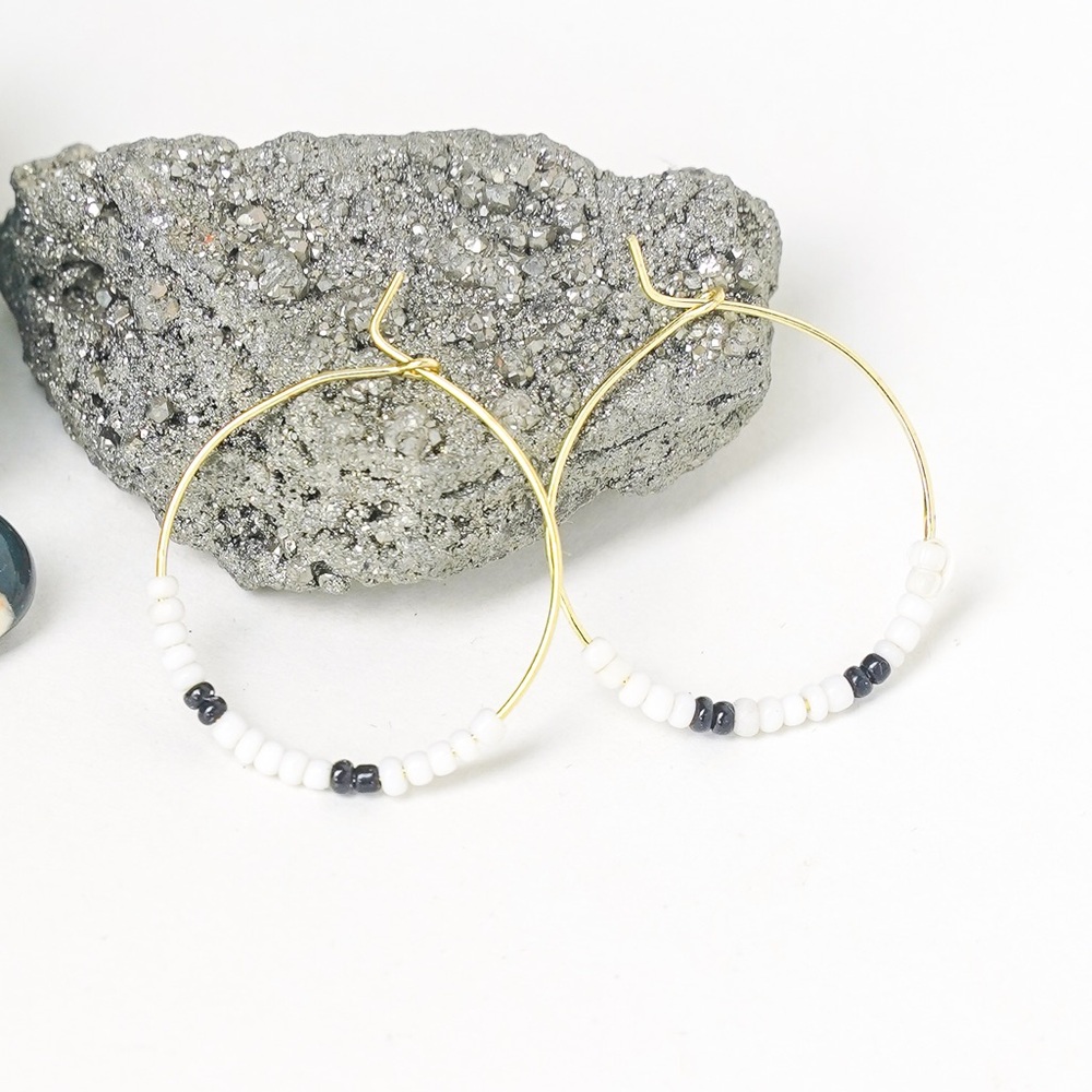 Seed Bead Hoop Earrings Handmade White & Black Brass Gold